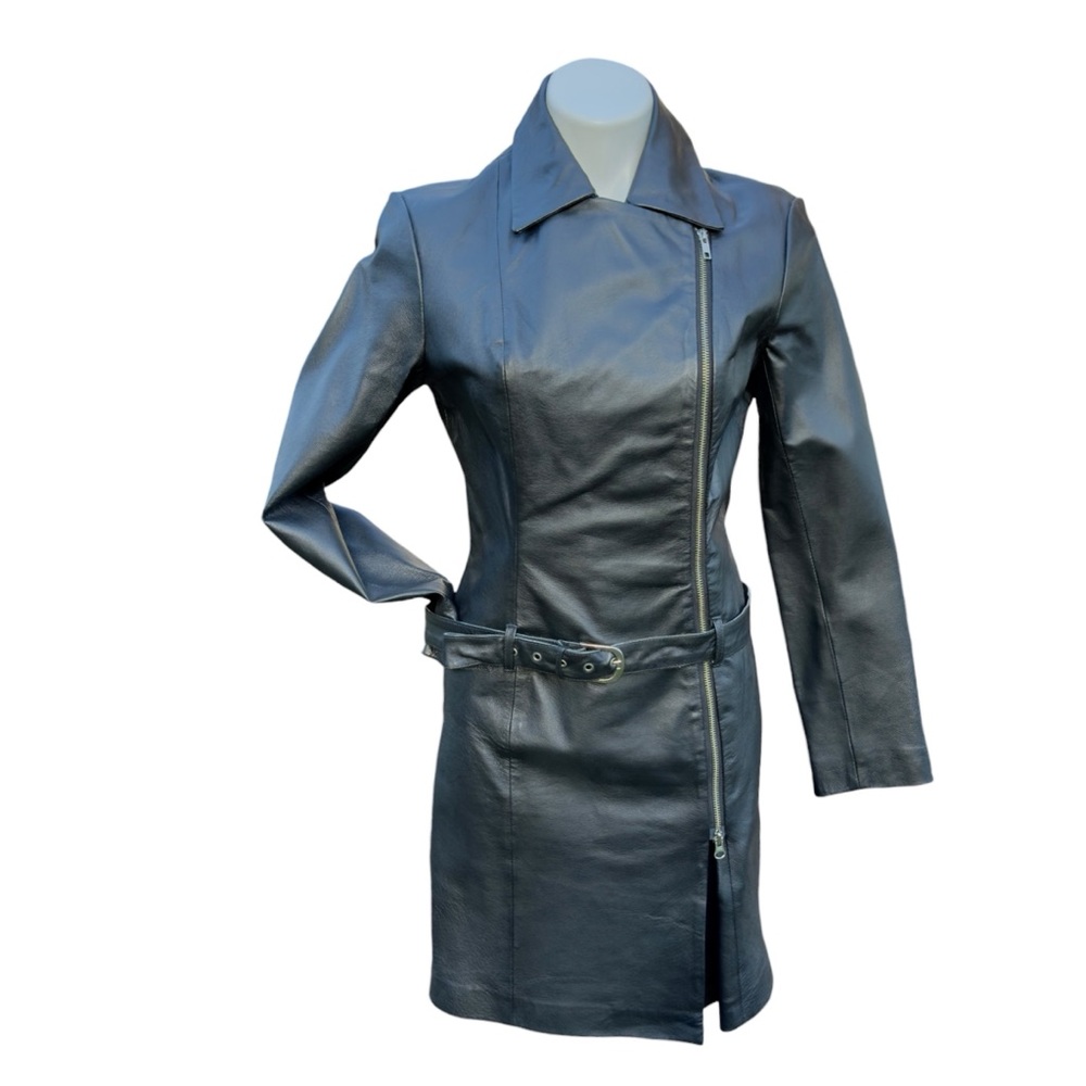 Vintage 1990’s Newport News Black Leather Asymmetrical Zip Moto Dress - Picture 5 of 14